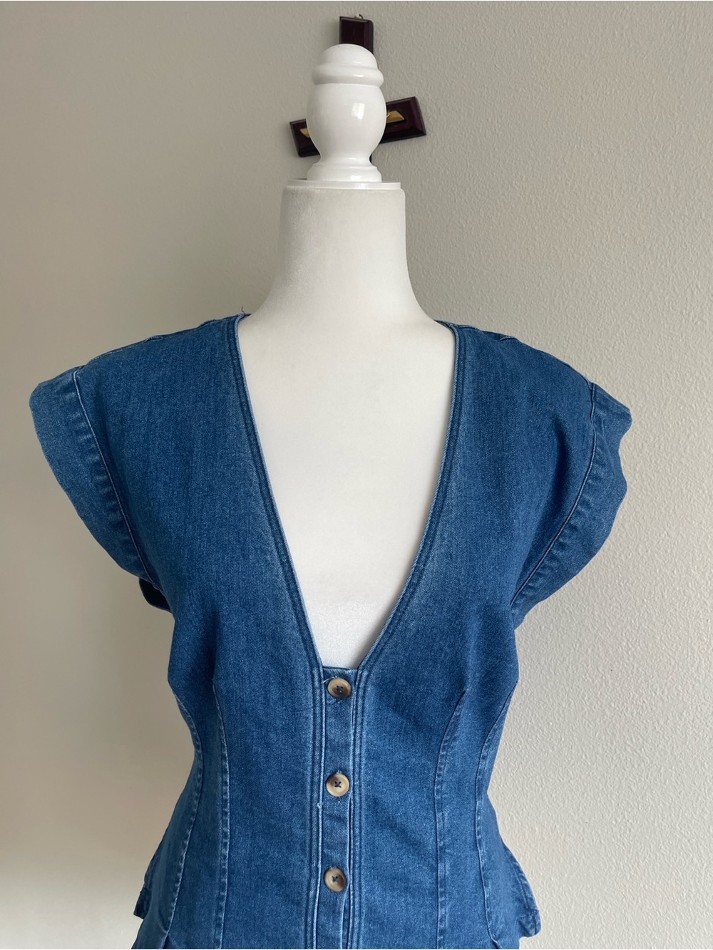 Free People Blue Denim Button-Front V-Neck Peplum Top - Picture 2 of 7
